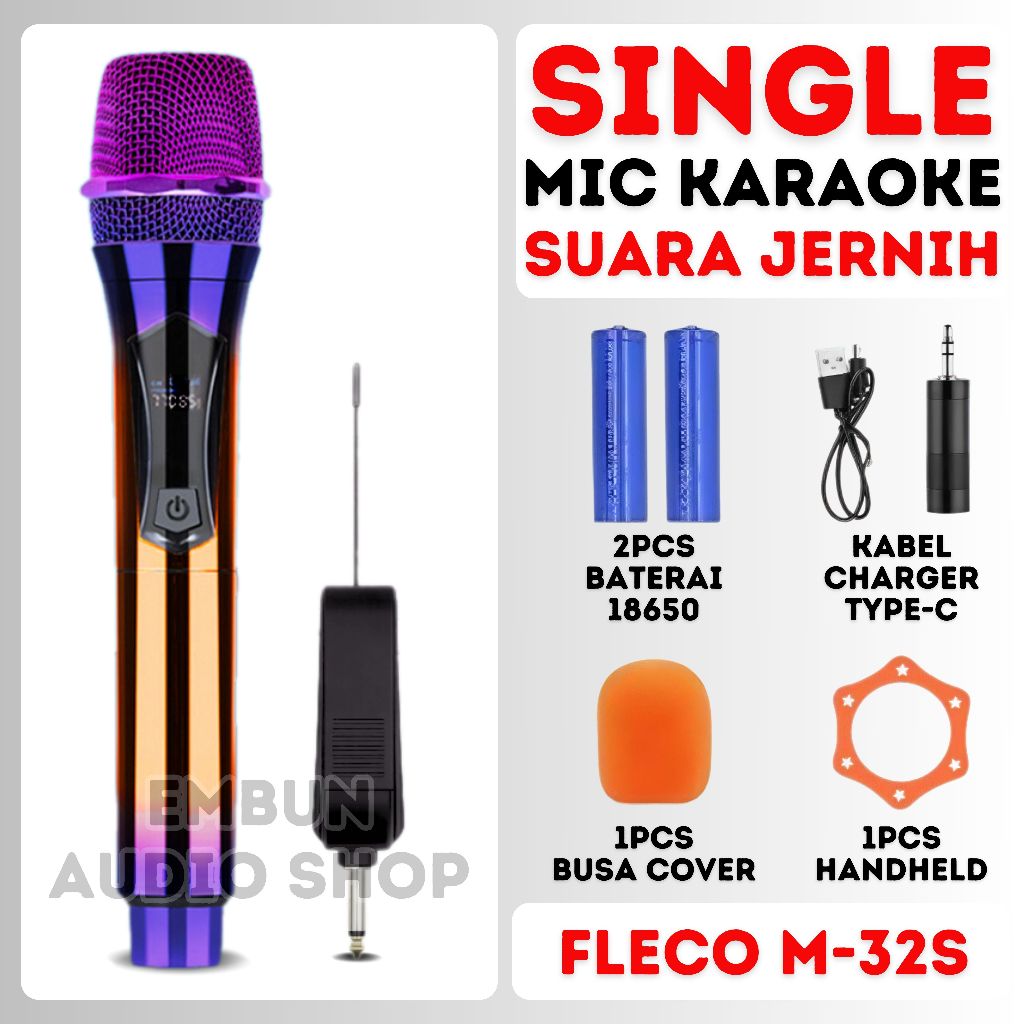 Single Mic Wireless Tanpa Kabel Suara Jernih FLECO M-32S Professional Karaoke Digital Bonus Baterai 