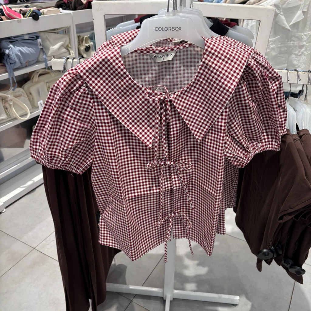 blouse motif garis dan gingham pita bow colorbox sale