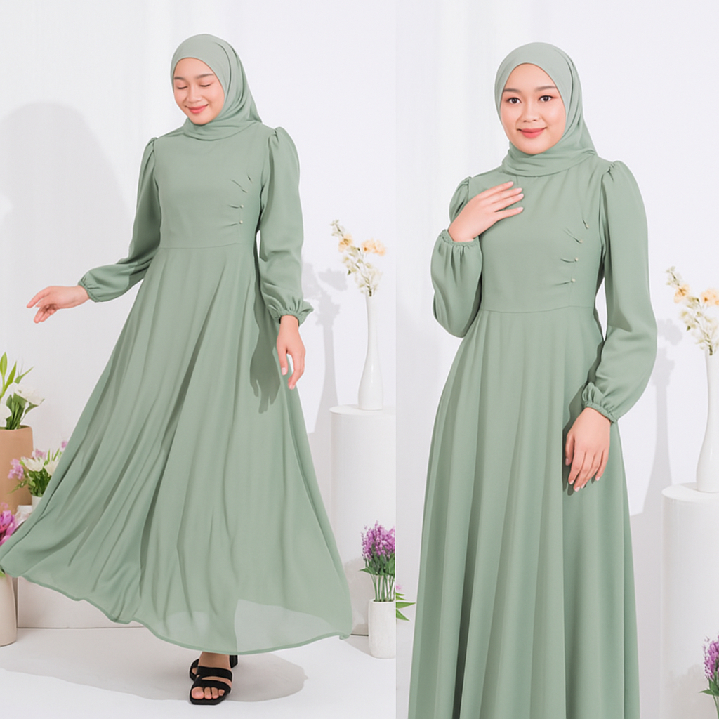 Naomi Dress Sage Green V1 / Dress Rempel / Dress kondangan / Dress Ceruty Polos Hiasan Mutiara Putih