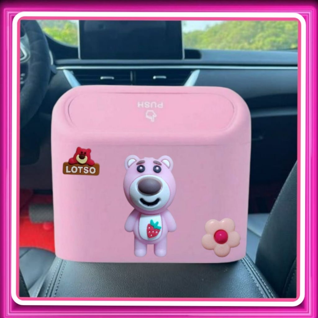 Tong Sampah Mobil Lucu Lotso Pink Strawberry | Mini Car Push Trash Bin Karakter Lucu | Tempat Sampah