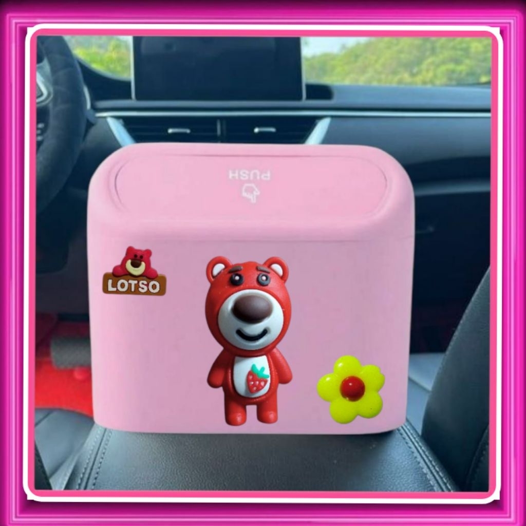 Tong Sampah Mobil Lucu Lotso Merah Strawberry | Mini Car Push Trash Bin Karakter Lucu | Tempat Sampa