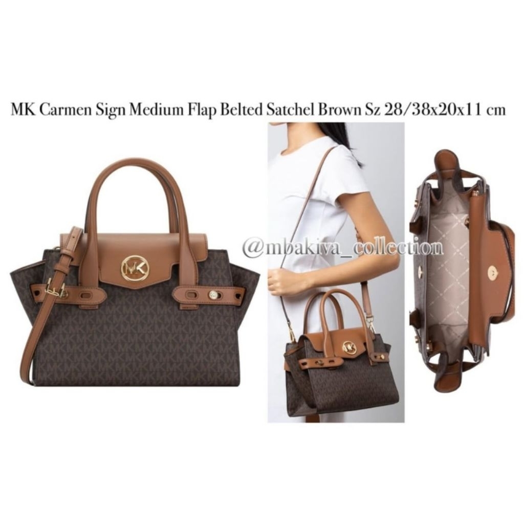 MK Carmen Sign Medium Flap Belted Satchel Brown