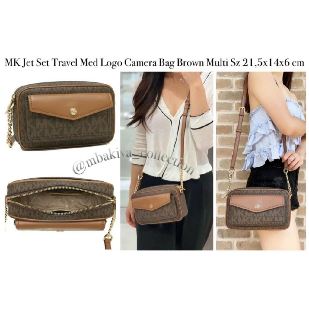 MK Jet Set Travel Med Logo Camera Bag Brown Multi