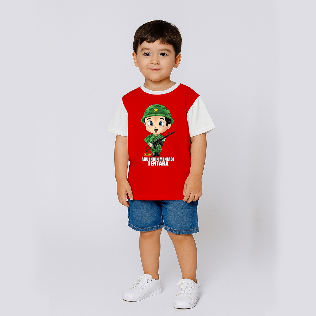 ALI ASH Kaos Anak Aku Ingin Menjadi Tentara TNI Prajurit Merah Putih Katun Combed 24s 1-10 Tahun