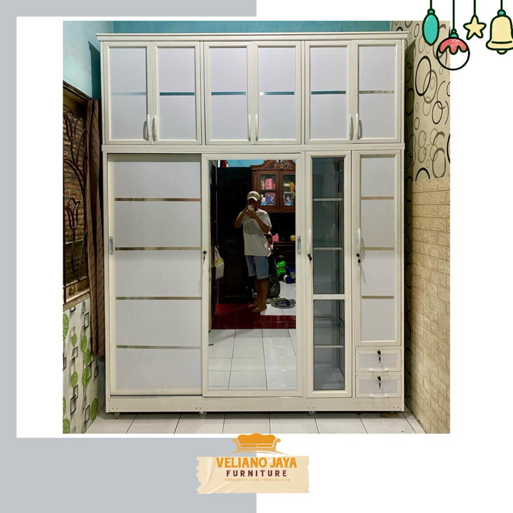 Lemari 2 Pintu Sleding + Tas + Hijab + 3 Laci // Bahan Alumunium Kaca & Acp