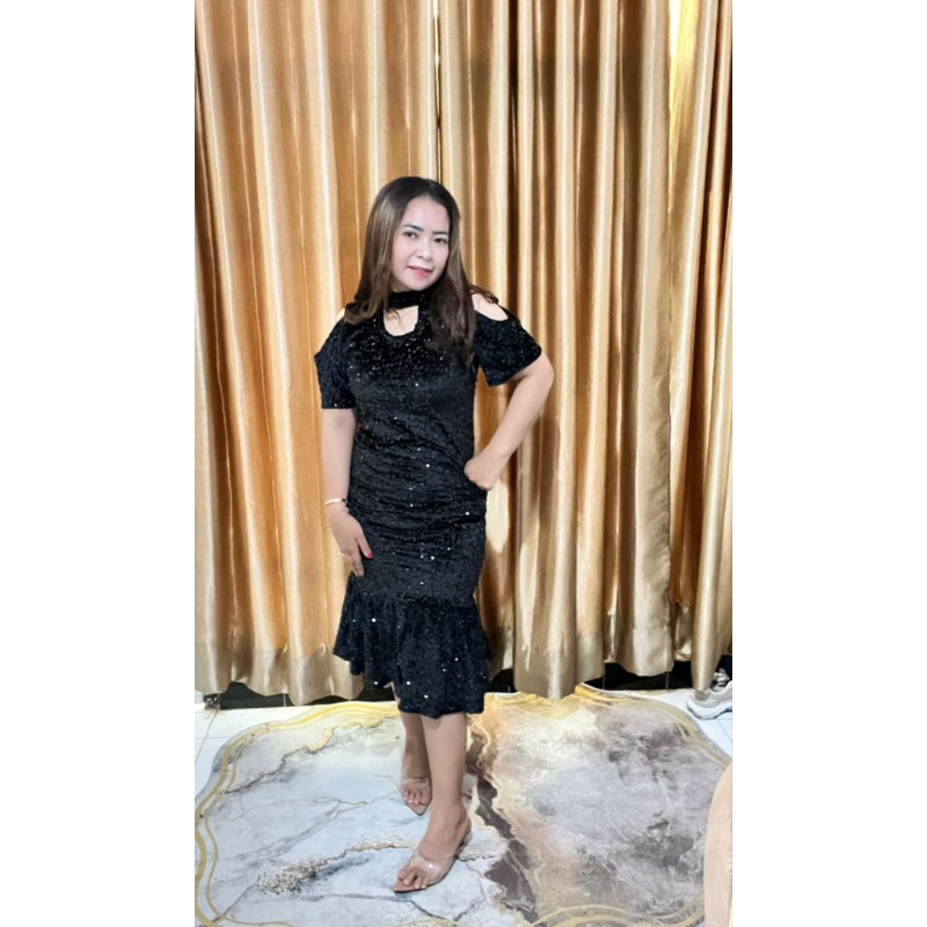 dress duyung lengan bolong wanita baju pesta