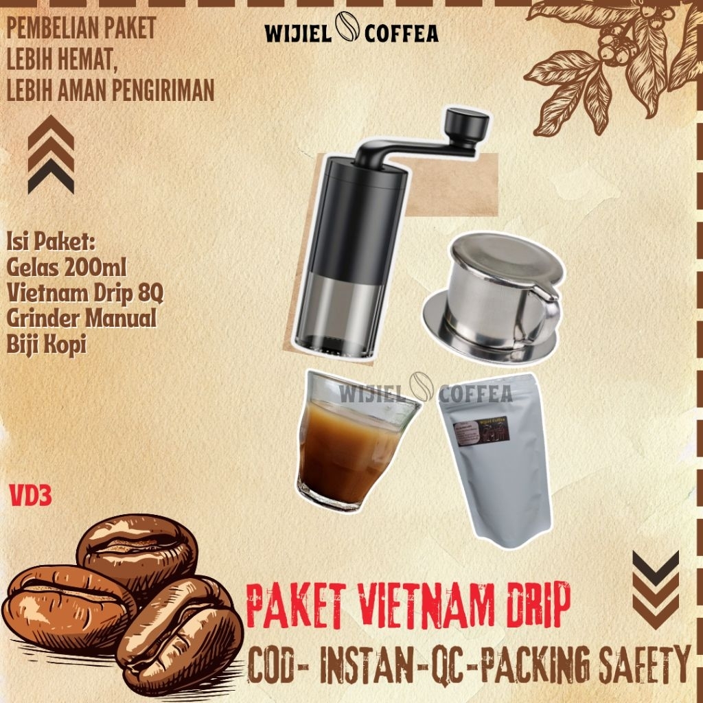VIETNAM DRIP COFFEE STAINLESS + PAKET HEMAT VIETNAM DRIP + GRINDER KOPI Manual + BIJI KOPI + GELAS V