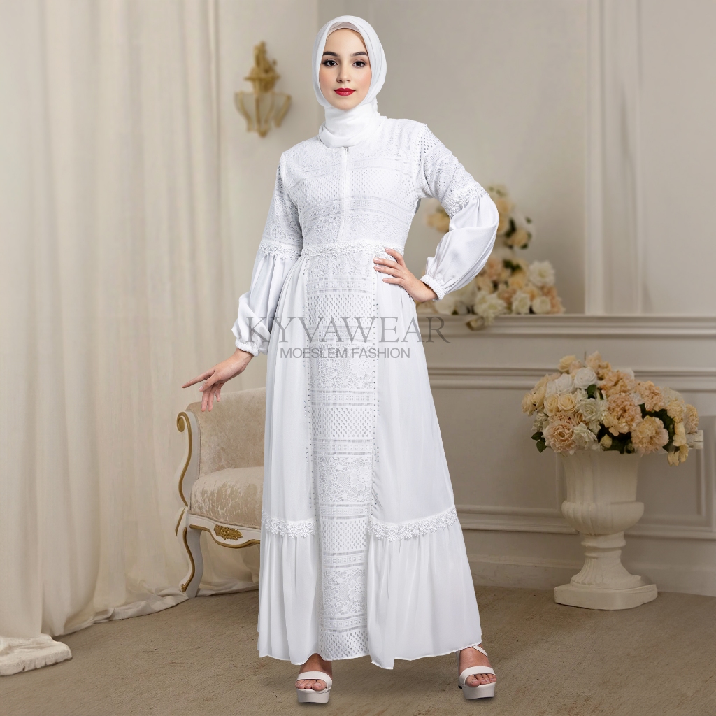 KYVA GAMIS MUSLIM WANITA ABAYA PUTIH TURKEY TERBARU 057 REMAJA MEWAH