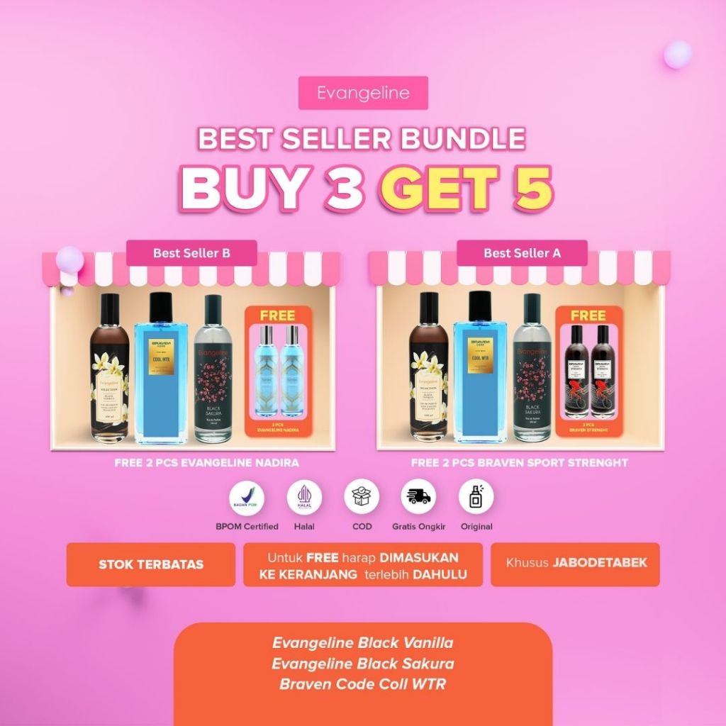[BEST SELLER BUNDLE] BUY 3 GET 5 | Evangeline Paket Parfum Dapat 5 Botol - Braven Code Cool WT, Evan