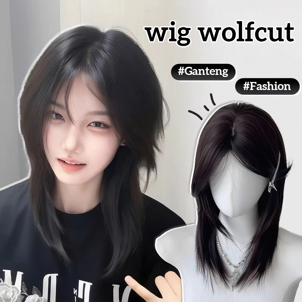 Wig Wolfcut Rambut Pendek Wig 2 warnaWig Rambut Pendek Wanita Rambut Palsu pria Wig Natural Wanita O