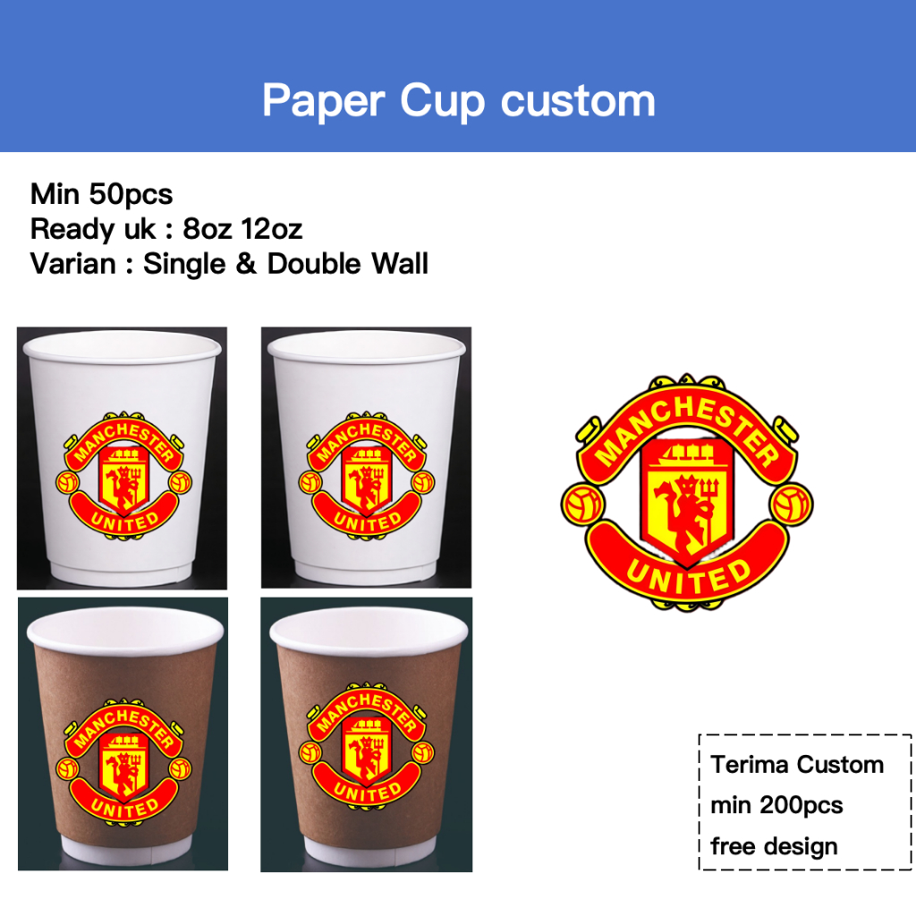 Papercup Printing Logo {Manchester United} 80z,12oz Single & Double Wall Tahan Panas Dan Dingin