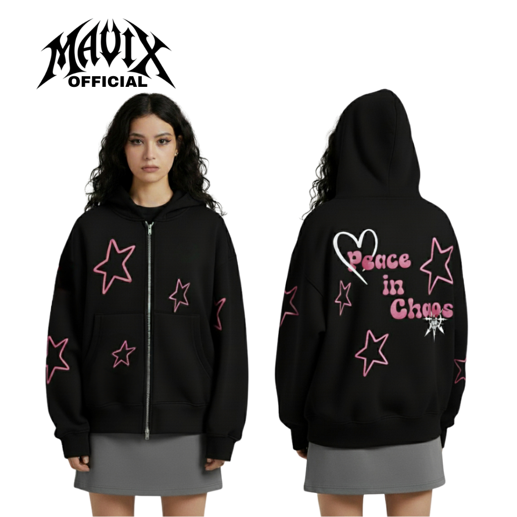 MAVIX - Hoodie BOXY OVERSIZE HITAM Sablon STAR PINK| Streetwear Unisex DOUBLE ZIPPER TEBAL