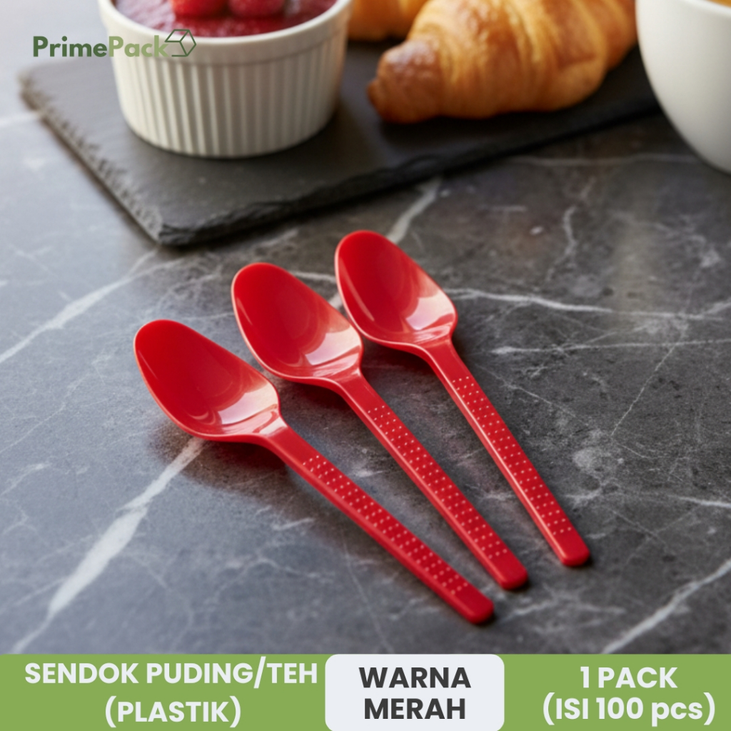 Sendok Puding Teh Plastik Warna Merah 100 pcs Food Grade