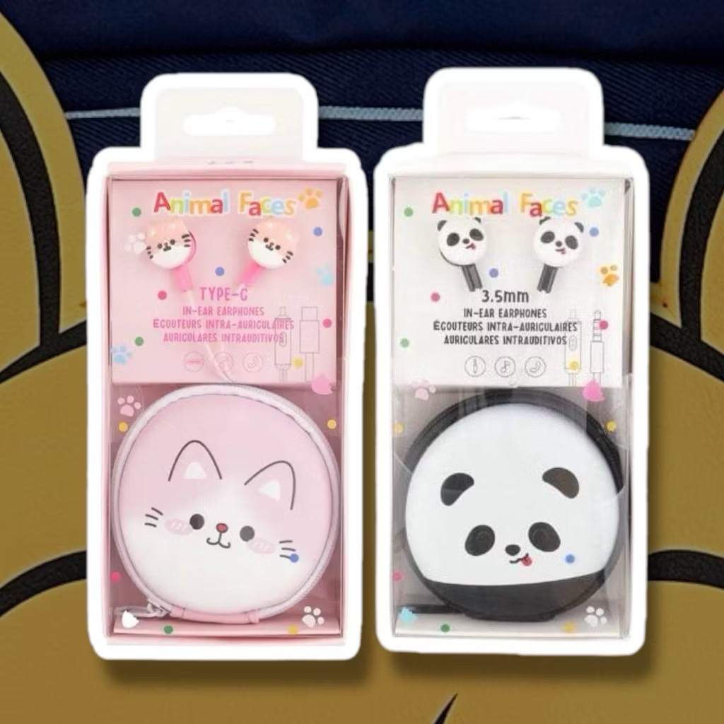MINISO HEADSET ANIMAL FACES EARPHONE 3.5mm type c PANDA KITTY