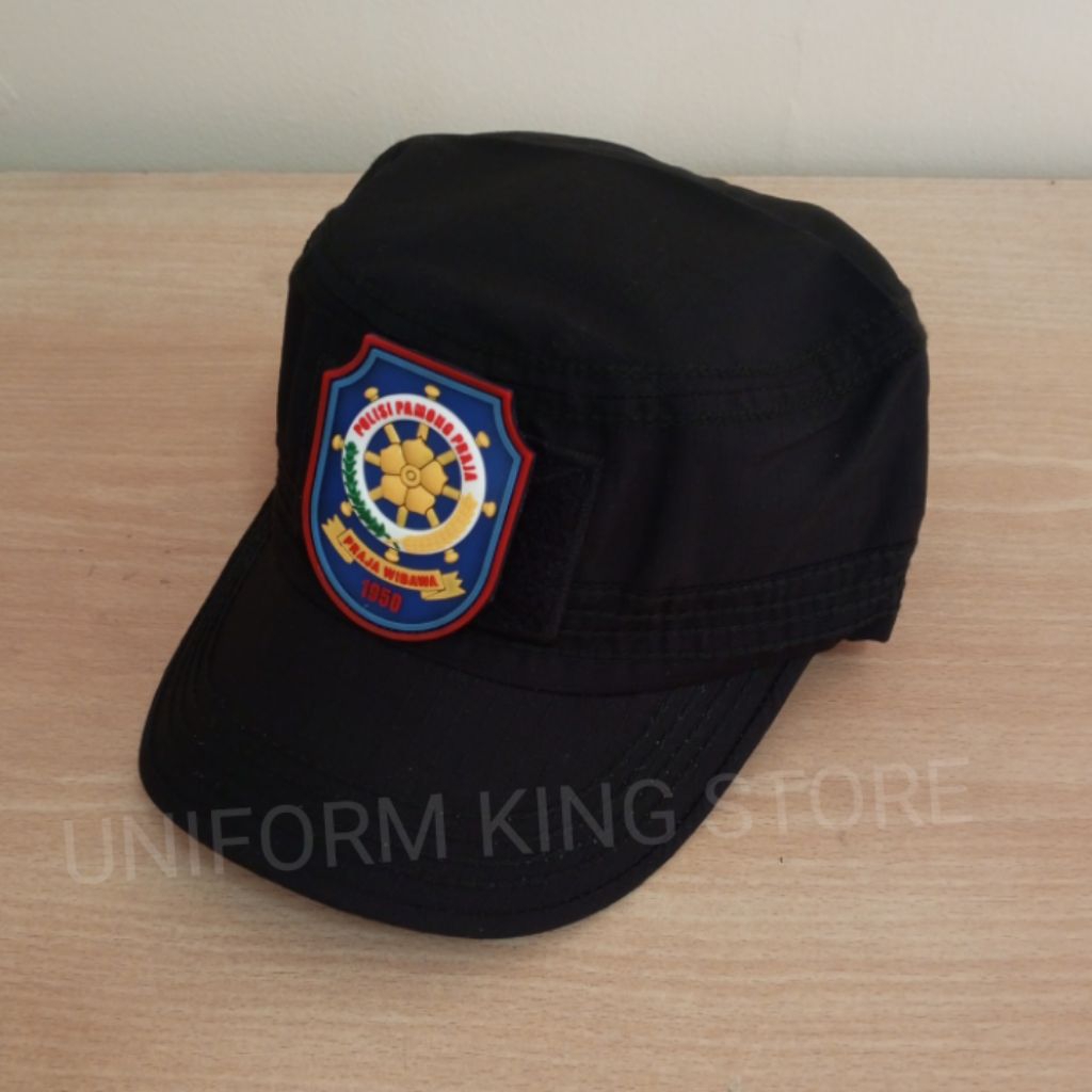 TOPI KOMANDO HITAM SATPOL PP LOGO BIRU 2 PATCH - TOPI KOMANDO SATPOL PP LOGO BIRU TEMPELAN PEREKAT P