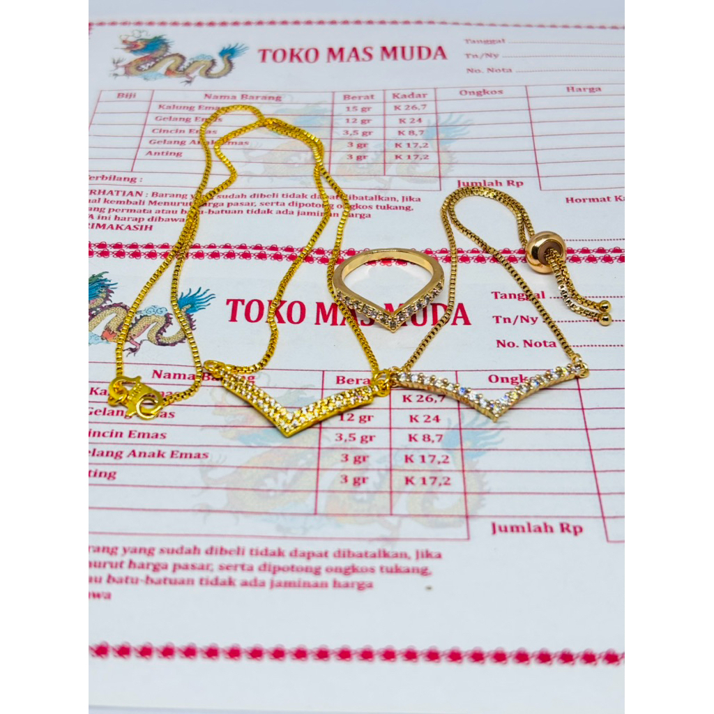 PERHIASAN WANITA BERLAPIS EMAS MUDA SET GELANG FUJI DAN KALUNG FUJI FREE CINCIN FUJI ADA SURAT DARI 