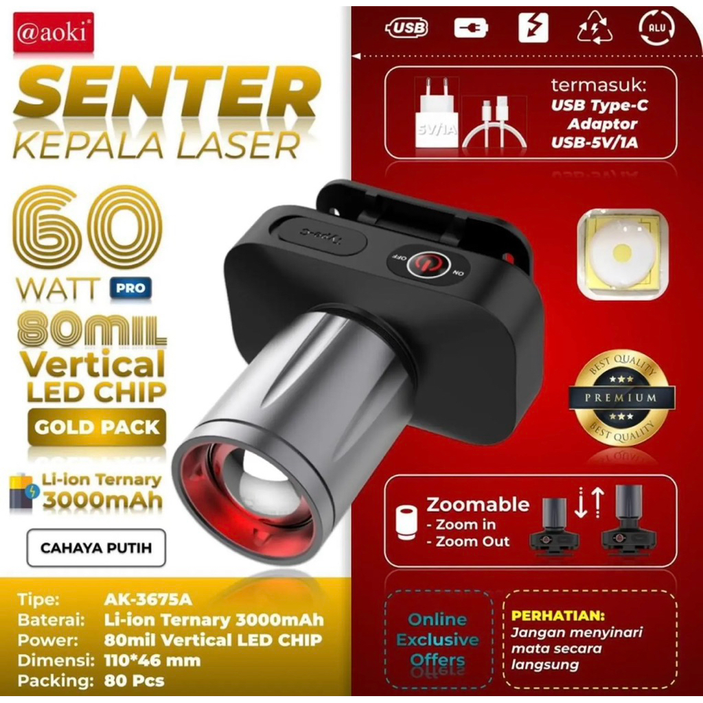 Senter Kepala ZOOM AOKI PRO AK-3675A/QK3675K PRO 1000 Lumens 60W Head Lamp AK-3675K/AK-3675A Baterai