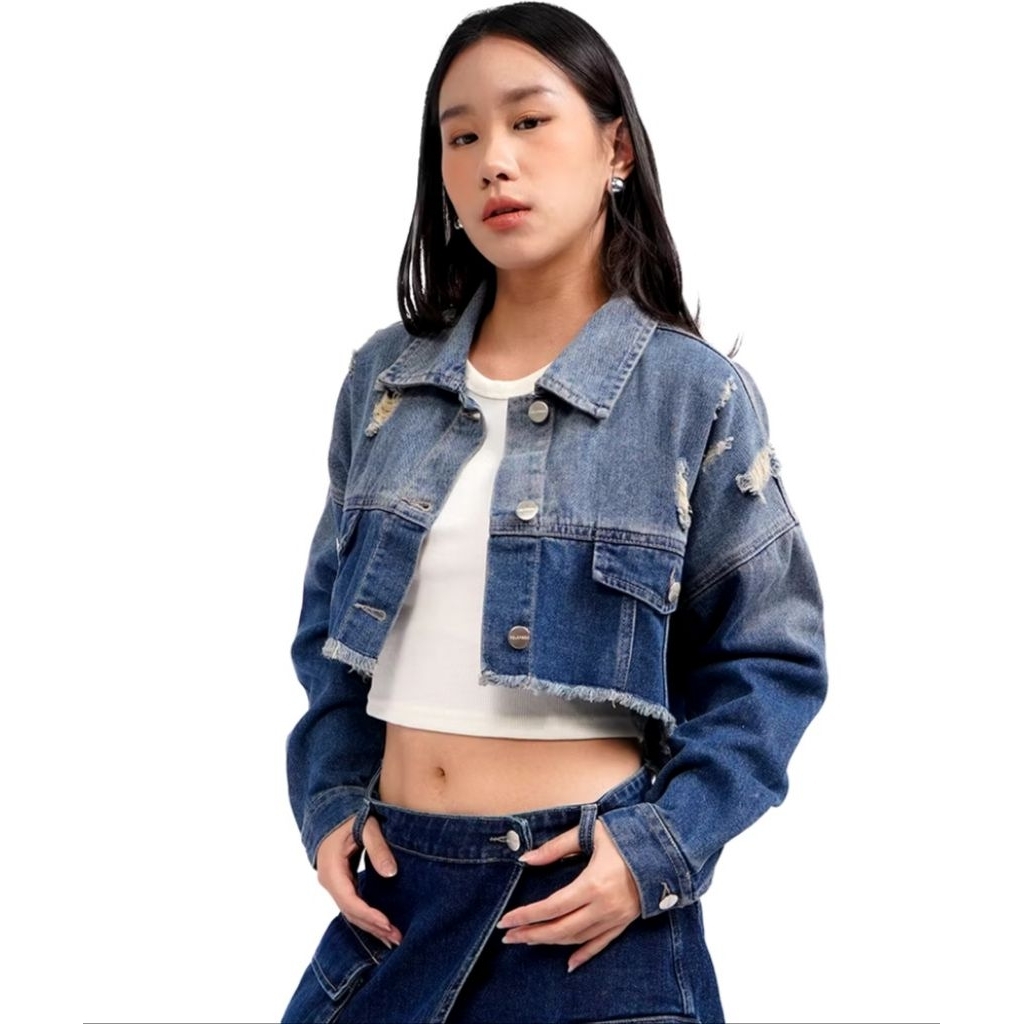 COLORBOX OVERSIZE RIPPED CROP  DENIM JAKET JEANS WANITA