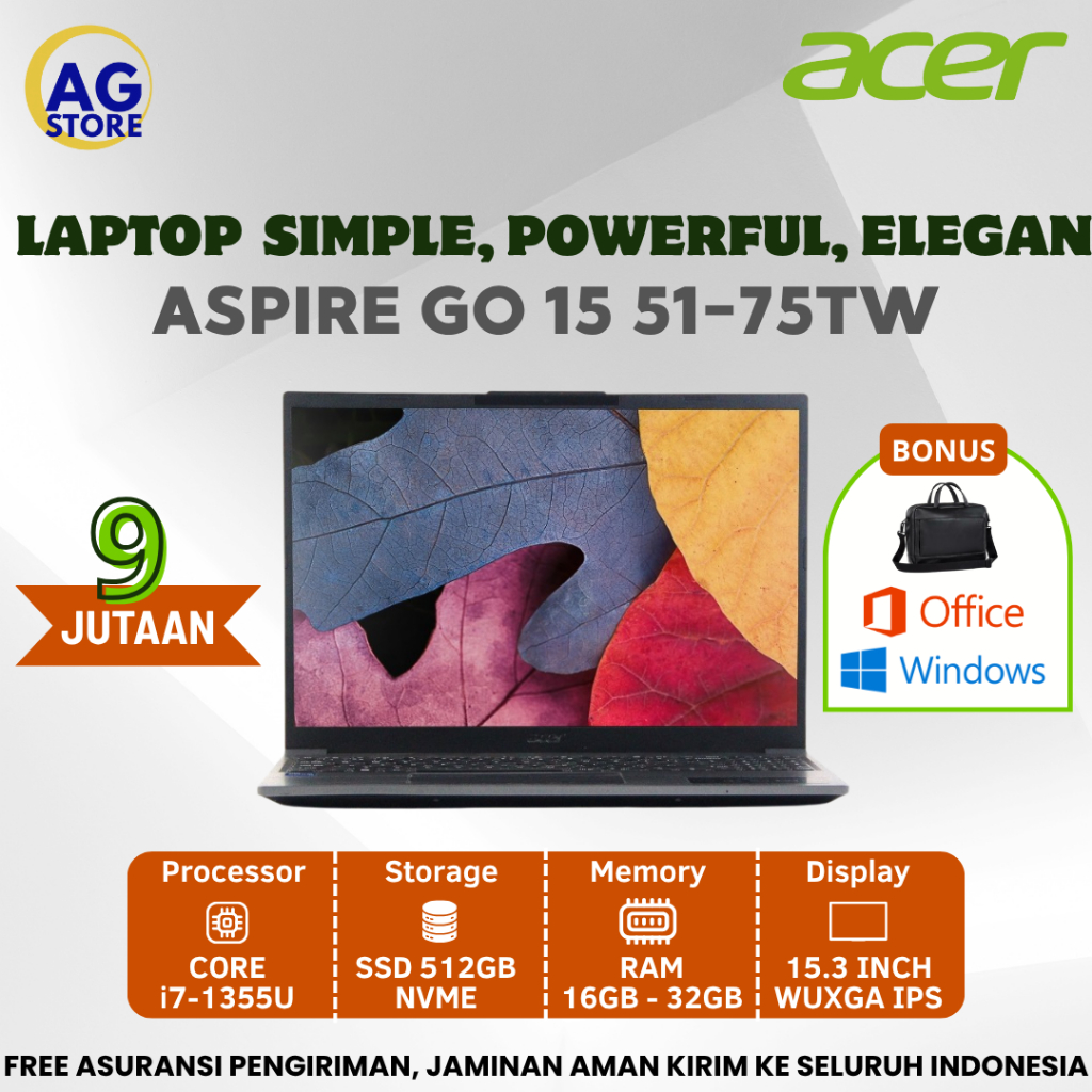 Laptop Acer Aspire Go 15 AG15 - 75TW Core i7 - 1355U Ram 32Gb Ddr5 Ssd 512Gb 15,3" IPS