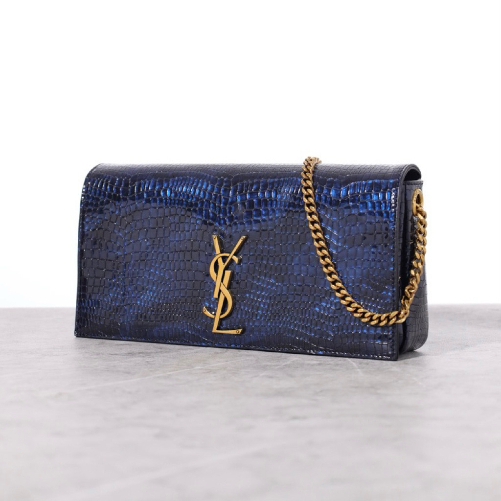 SAINT LAURENT YSL Medium Kate 99 Chain Flap Clutch Shoulder Crossbody Bag in Croco Embossed Leather