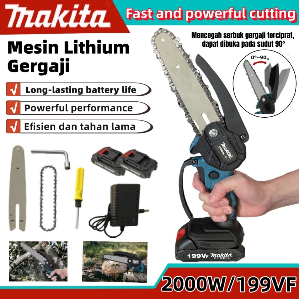 MAKiTA Gergaji Mesin Tanpa Kabel Dilengkapi dengan 2 Baterai Lithium-ion Gergaji Mesin Listrik Mini 