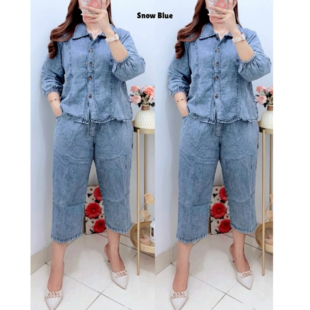 SETELAN CELANA 7/8 KEMEJA JEANS POLOS LD110 WANITA|ONE SET |SETELAN LD110(05837)
