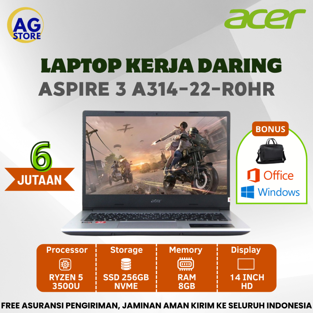 Laptop Acer Aspire 3 A314 - R0HR AMD Ryzen 5 - 3500U Ram 8gb Ssd 256GB 14" - Laptop Acer Ryzen 5