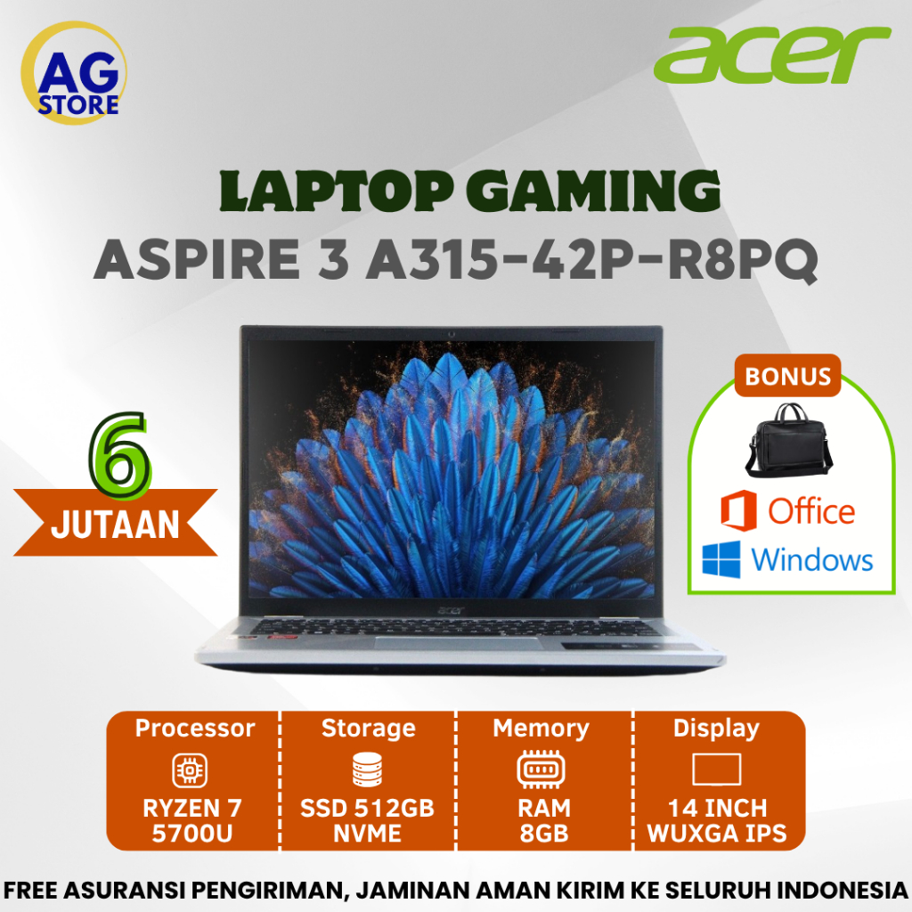 Laptop Ryzen 7 Acer Aspire 3 A314 - R8PQ Amd Ryzen 7 5700U Ram 8GB SSD 512GB 14" IPS