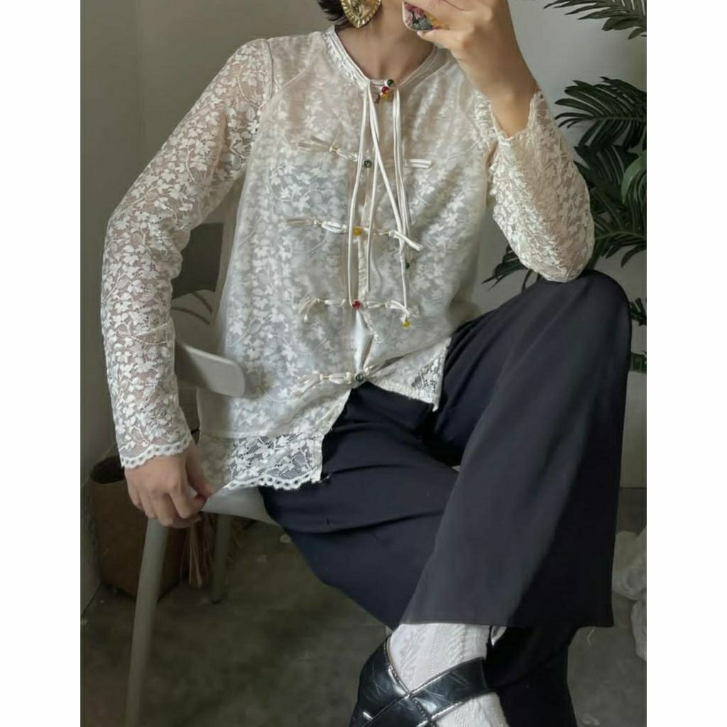 (NEW WITH TAG) CHEONGSAM TOP LACE SHANGHAI BLOUSE OUTER BRUKAT CREAM CHINESE STYLE ORIGINAL CHINA