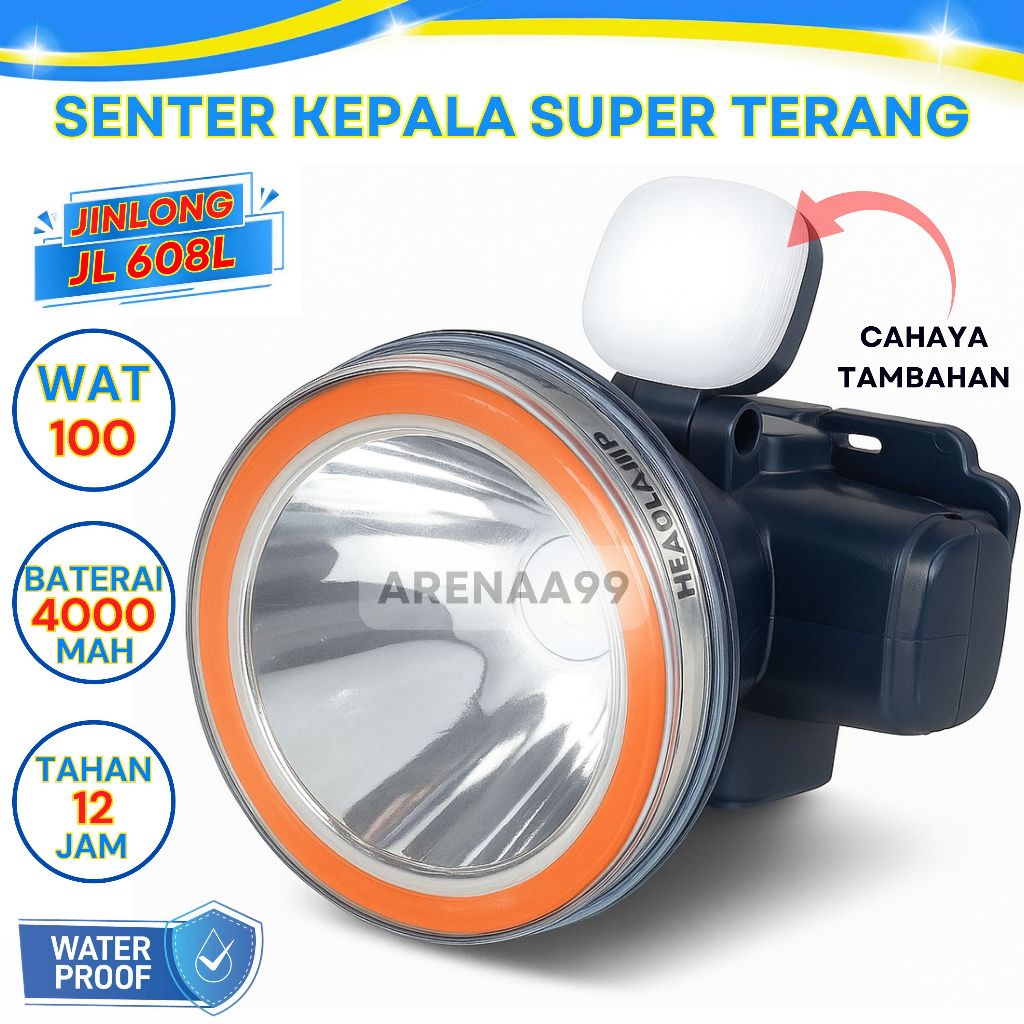 Senter Kepala Super Terang JINLONG JL 608L Memiliki Daya 100W Dengan Led Tambahan Di Atas Senter