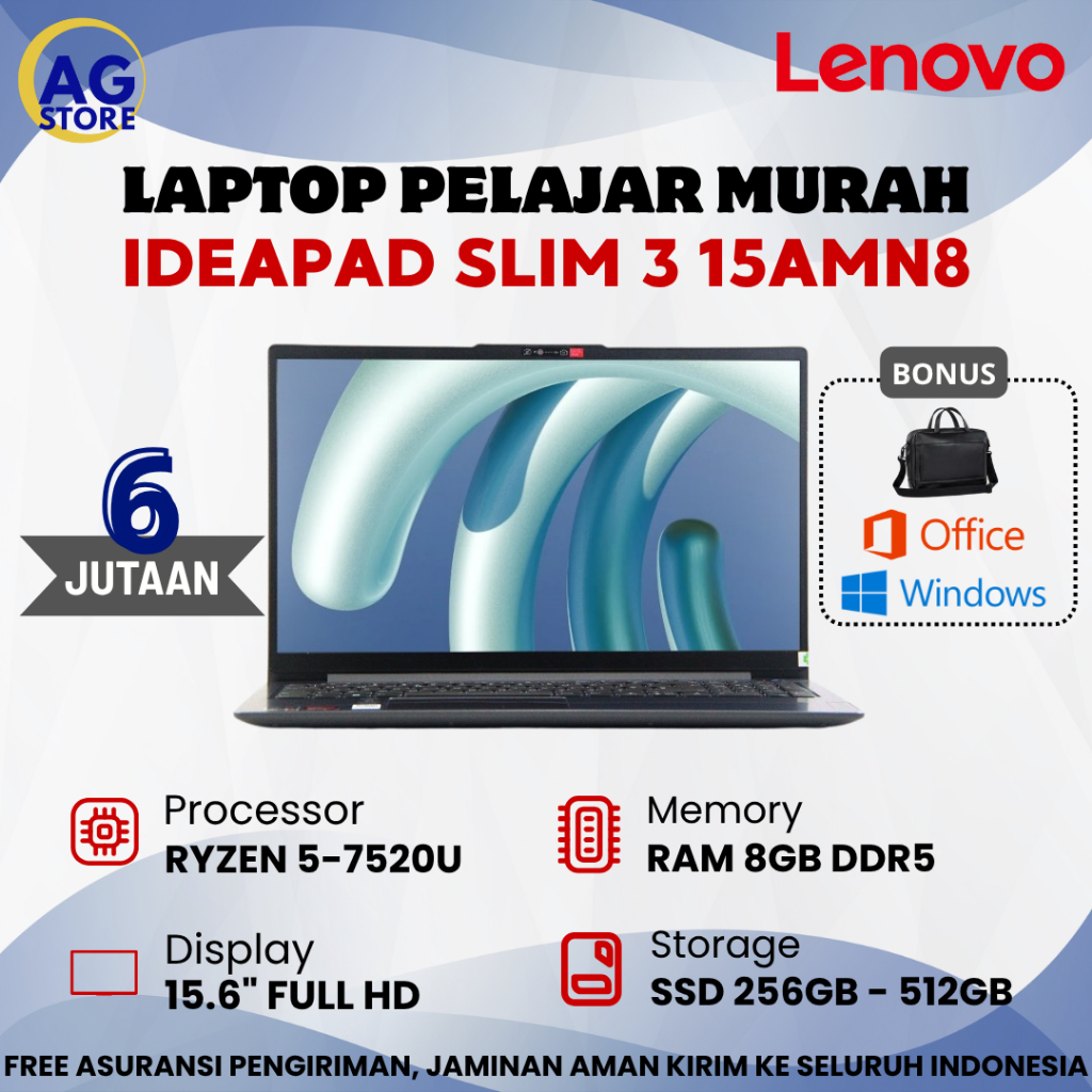 BARU Laptop Lenovo IP3 - 15AMN8 AMD Ryzen 5 - 7520U Ram 8GB SSD 512GB 15.6" FHD - Laptop Ryzen 5