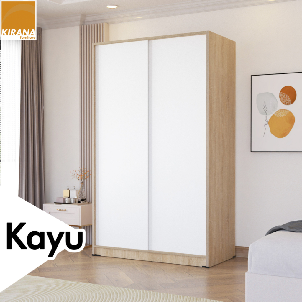 KIRANA Taylor - Lemari Pakaian Kayu 2 Pintu Sliding Geser Wardrobe Putih Modern Minimalis