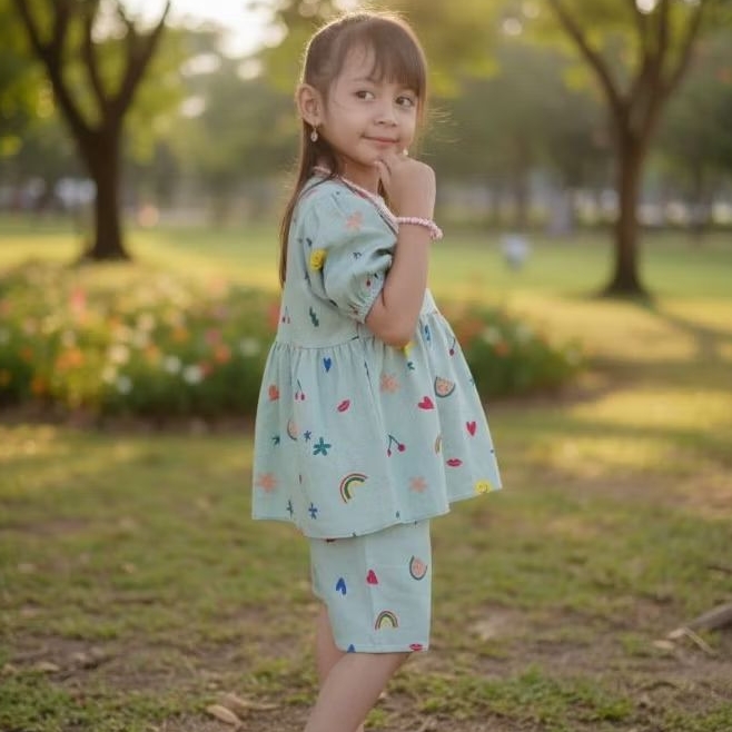 baju setelan rayon rempel anak perempuan usia 5-8 thn kancing belakang