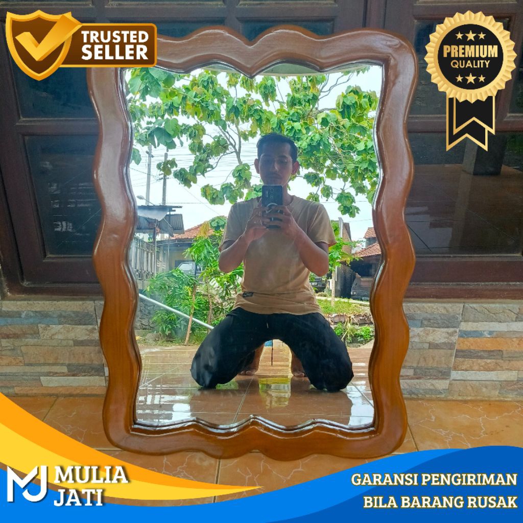 Cermin Kayu Aesthetic - Cermin Kayu Jati Unik - Cermin Dinding Kayu Jati Lengkok