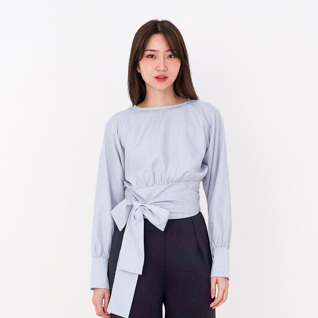 MODEVA - Paloma Stripe Wrap Top | Baju Lengan Panjang Atasan Wanita Blouse Wanita