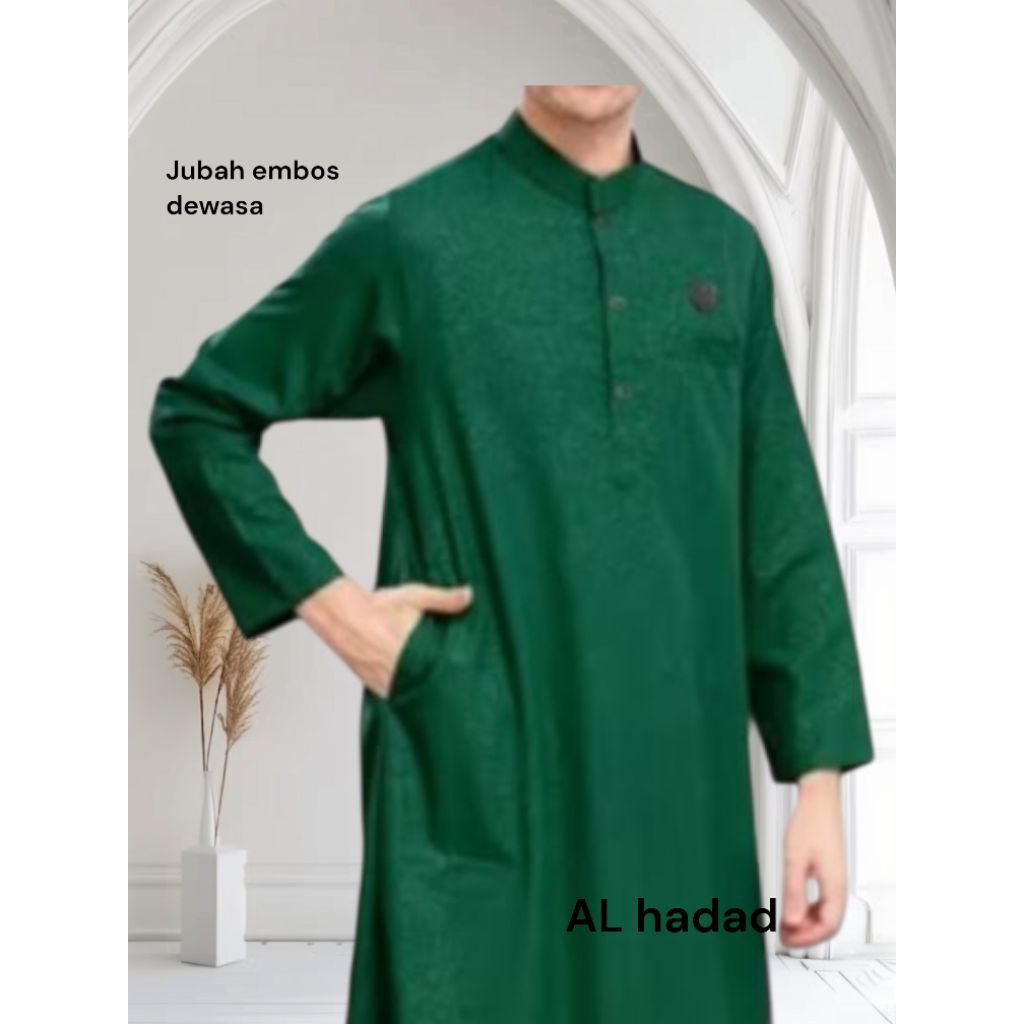 AL-HADAD Jubah Gamis dewasa Motif batik Embos warna hijau/gamis sultan/jubah mewsh baha yang adem