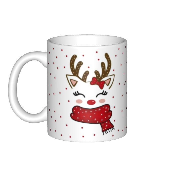 Mug Kopi Natal Motif Rusa Imut dengan Syal Merah dan Bow Unik untuk Perayaan Natal
