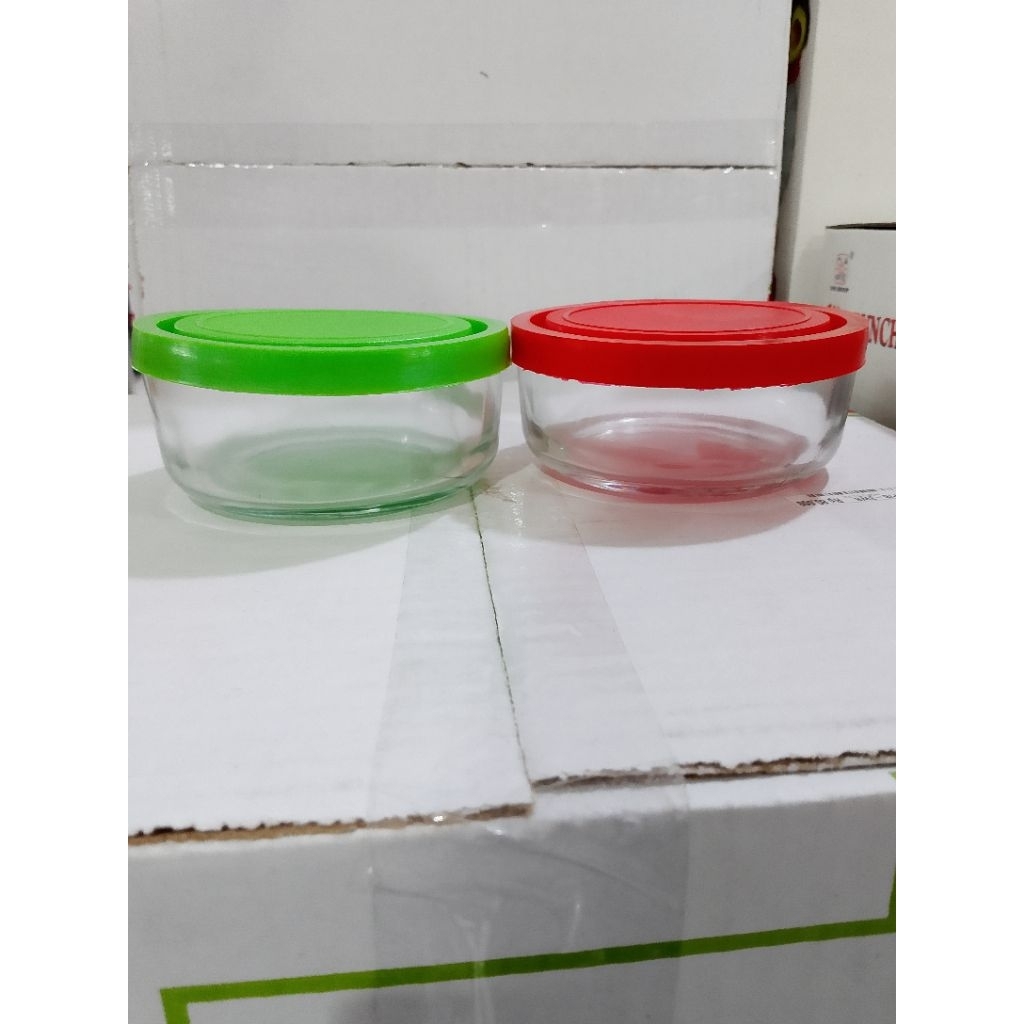 mangkok kaca merah hijau tutup plastik