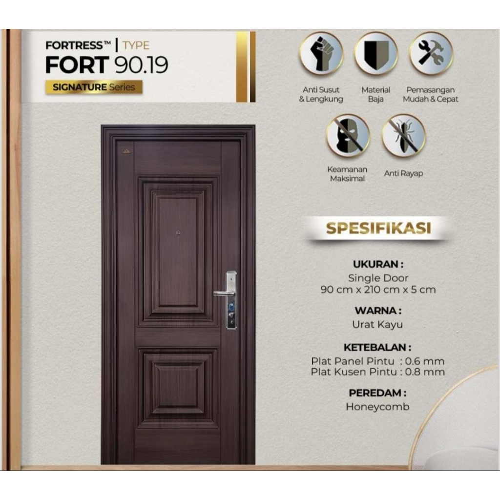 Pintu Baja Fortress Fort 90.19 Urat Kayu Ukuran 90x210