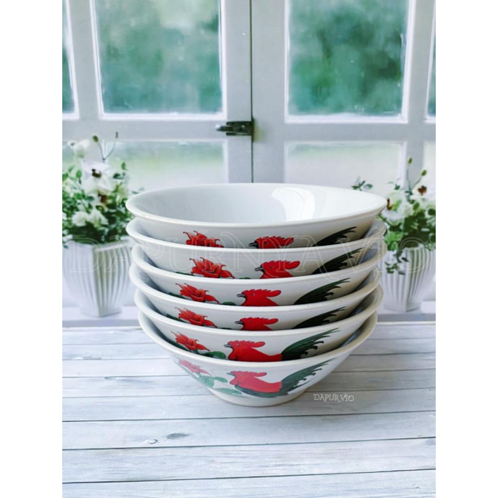 6 PCS MANGKOK SAYUR KERAMIK MOTIF AYAM JAGO DIAMETER 17 CM TEBAL DAN TERLARIS