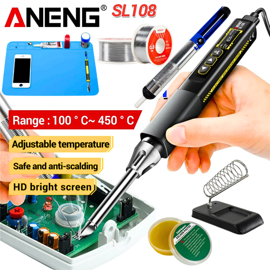 MALL ANENG SL108 Solder Listrik Digital 100 Watt + timah + Stand + Sedotan Timah + Matras + Pasta