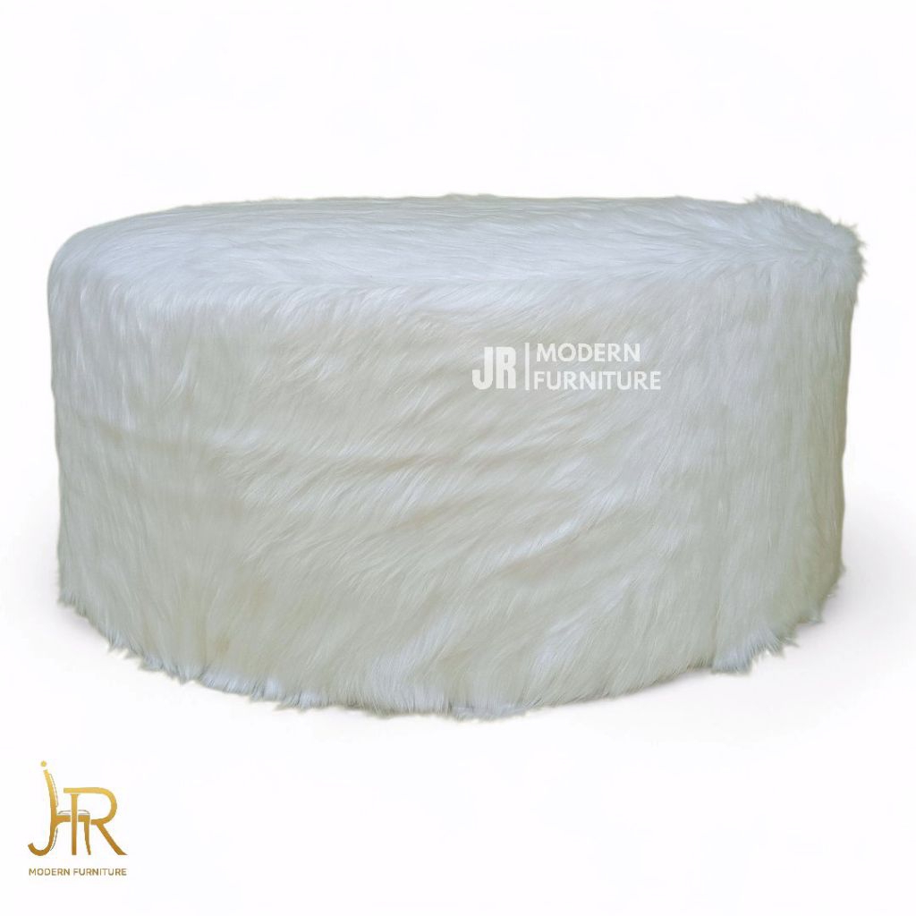 Big Puff Stool Sofa Bundar Kain Bulu Panjang Rangka Kayu Jati | JR MODERN FURNITURE