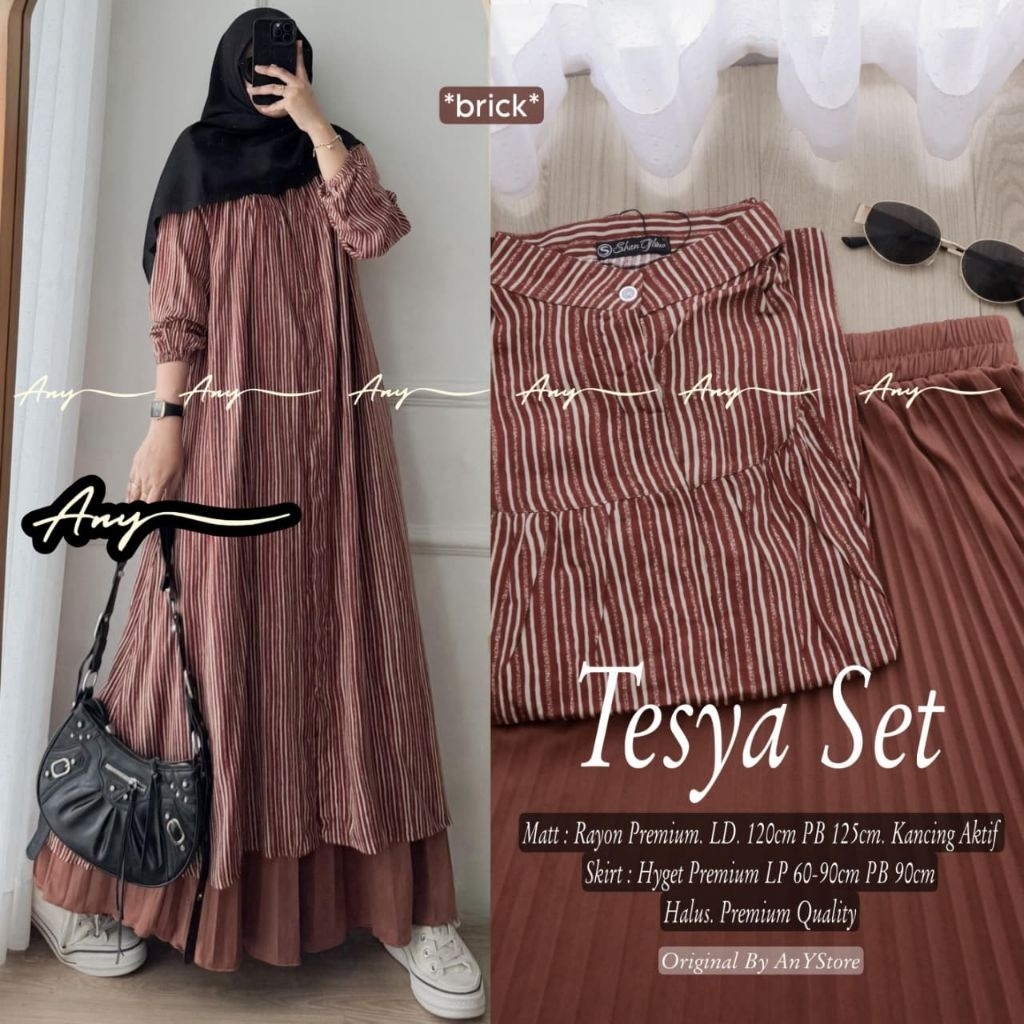 tesya aruna set tunik by any - setelan rok plisket long tunik rayon - Amitha set by Claudya priyanka