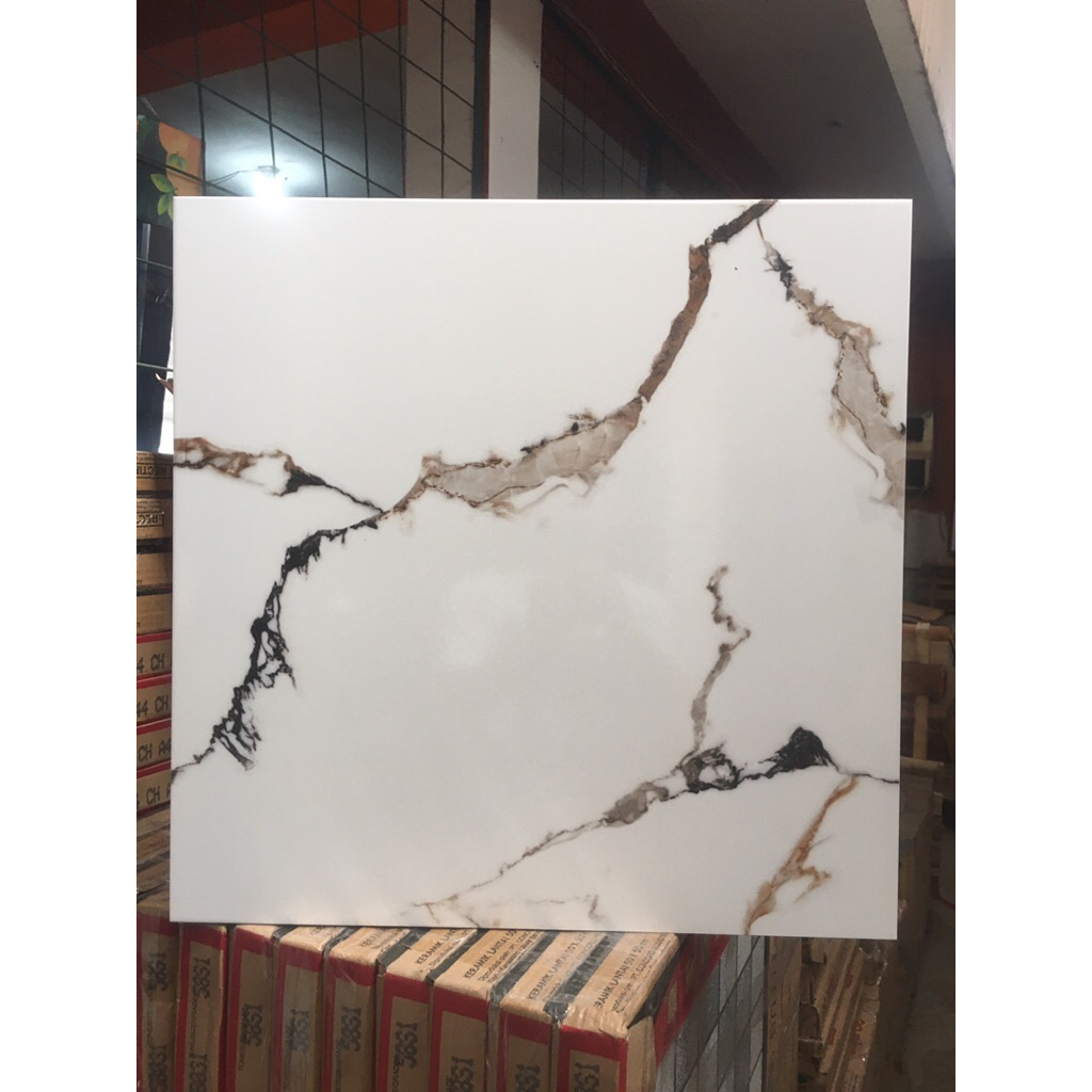 keramik 50x50 carara carrara marmer cutting rectified tiles motif putih urat hitam abu glossy kilap 