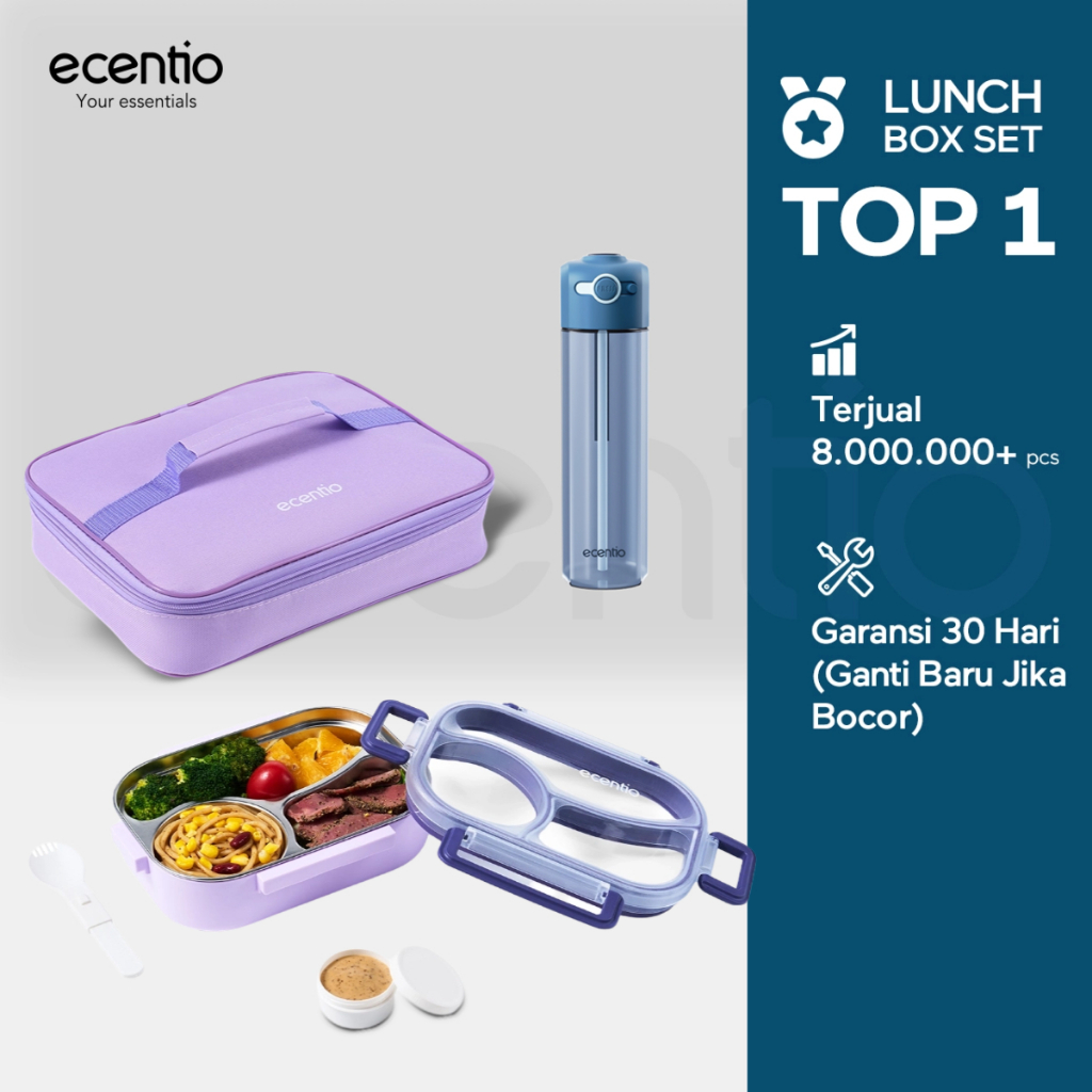 [KOL Exclusive] ecentio lunch box stainless anti tumpah ungu 800ml + botol 1000ml tas sekat 3 dengan