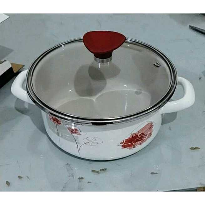 PANCI ENAMEL EXPORT, CANTIK BT DIAMETER PANCI - 18 CM POPPIES + TUTUP PANCI KACA DENGAN KNOP MENARIK