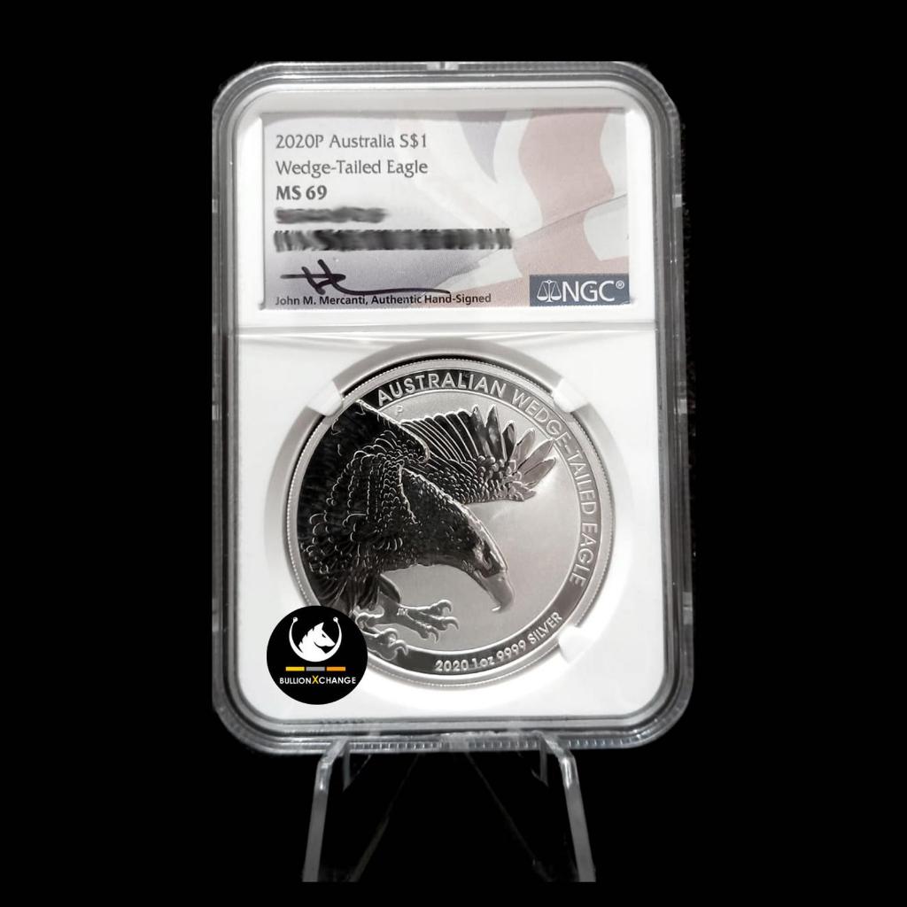 Koin perak 2020 Australia Wedge Tailed Eagle 1 oz silver coin NGC MS69 Mercanti signed