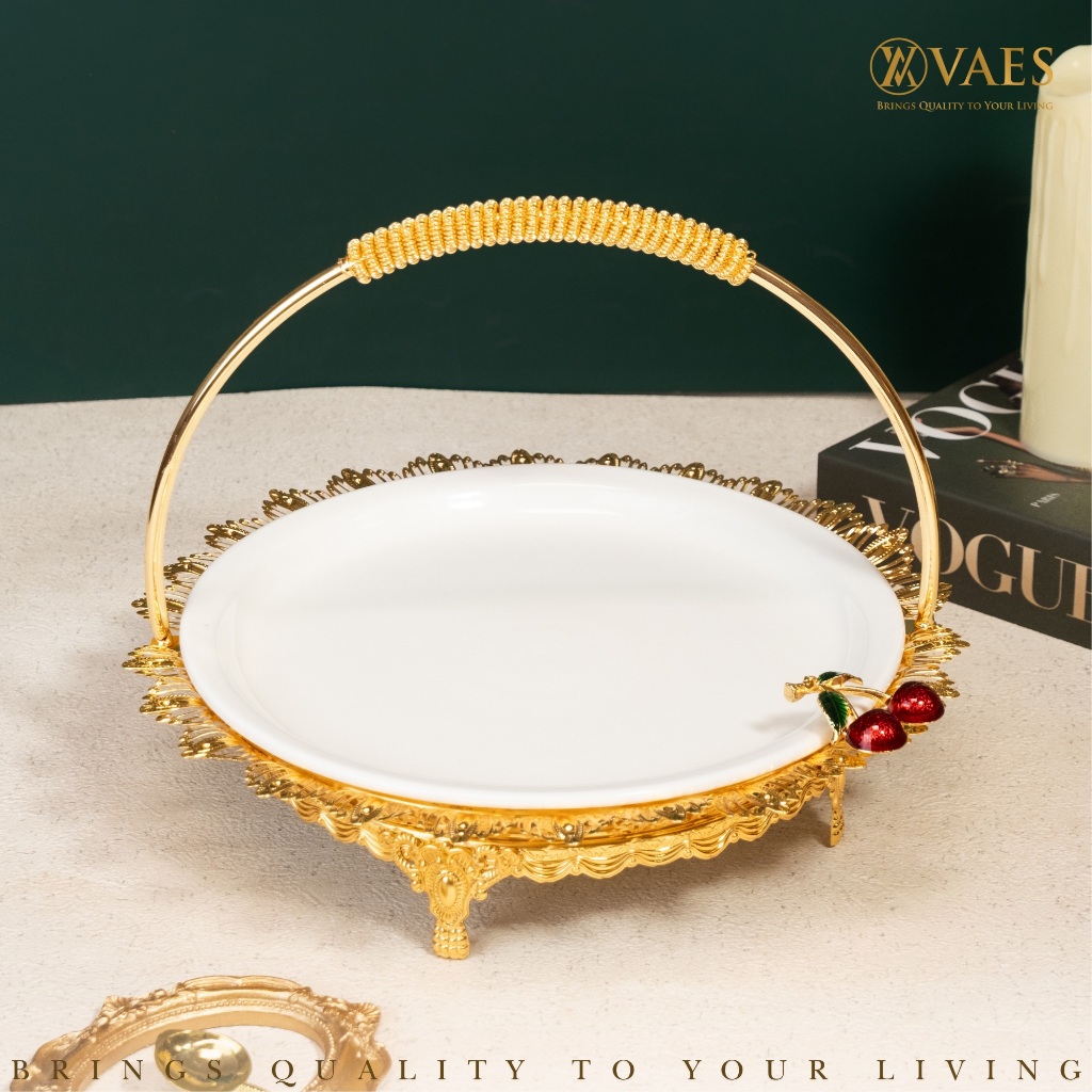 [VAES] Tray Diva Keramik Cherry Bulat — Pajangan Piring Nampan Emas Mewah Luxury Gold Ceramic Plate 