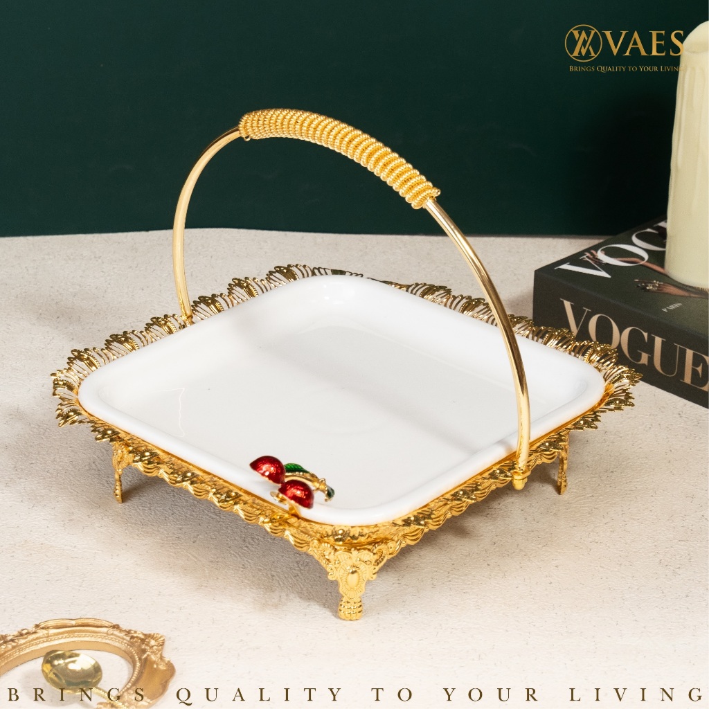 [VAES] Tray Diva Keramik Cherry Segi — Pajangan Piring Nampan Emas Mewah Luxury Gold Ceramic Plate T