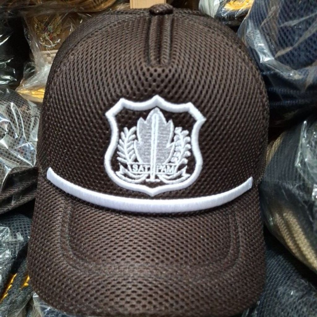 Promo Topi jaring satpam coklat lis,free nama Termurah